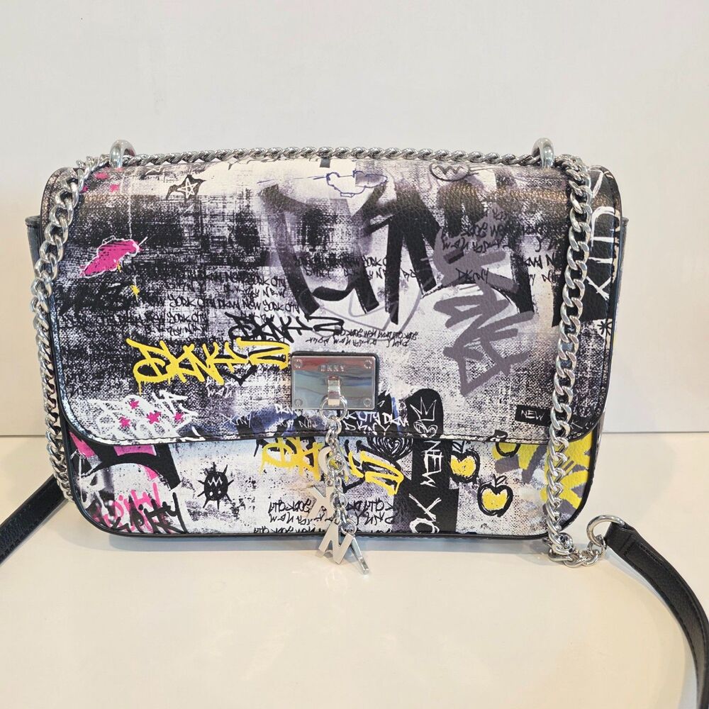 DKNY Cleo Medium Graffiti Print Flap Crossbody Shoulder Bag Chain Charm Purse